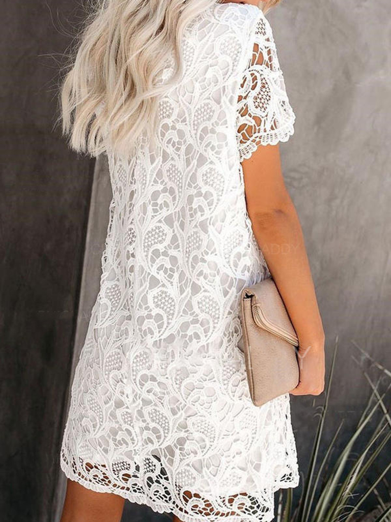 New casual and elegant round neck hollow lace midi dress
