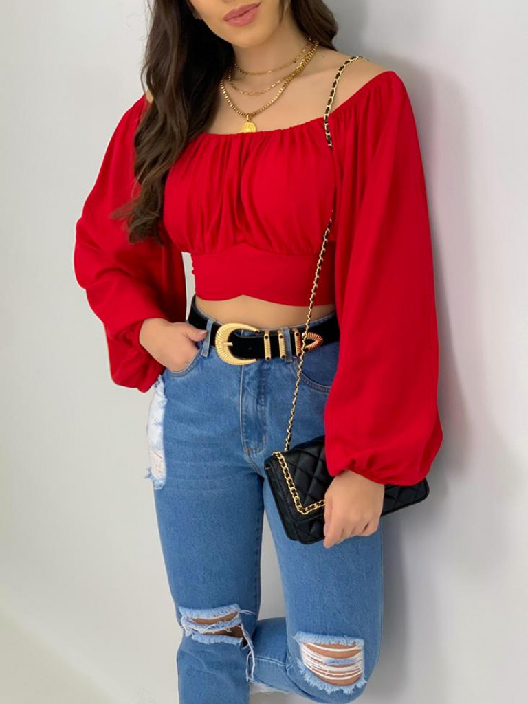 Women's Solid Color One Shoulder Balloon Sleeve Top