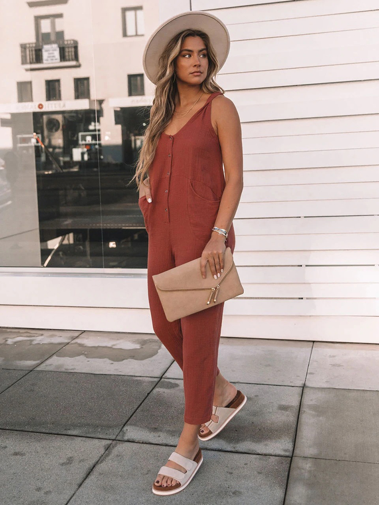 Women's Casual Fashion Solid Color Button Casual Jumpsuit