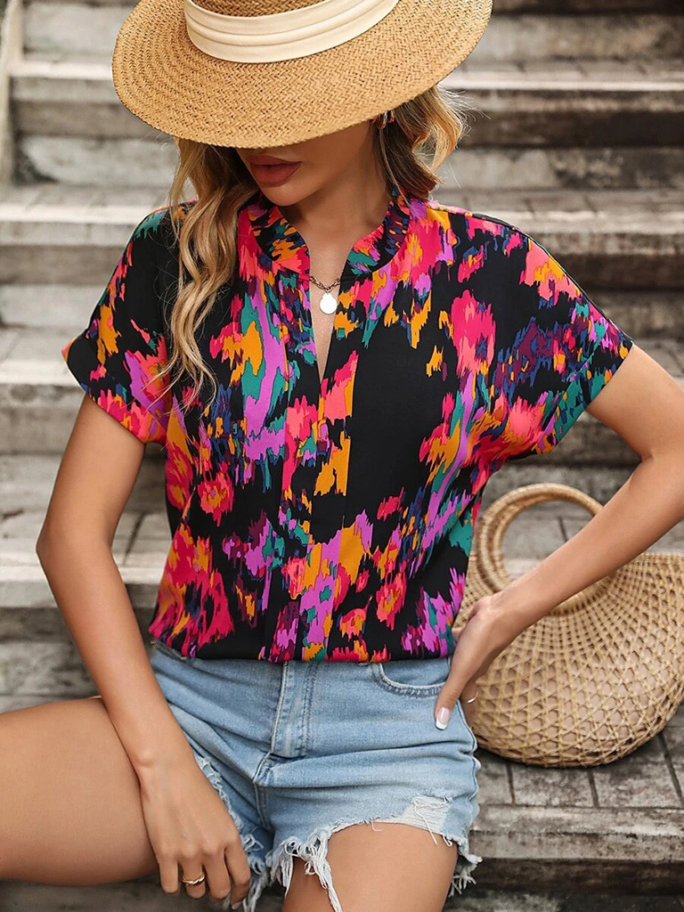 Women's Fashion Painted Printing V-neck Short Sleeve Top