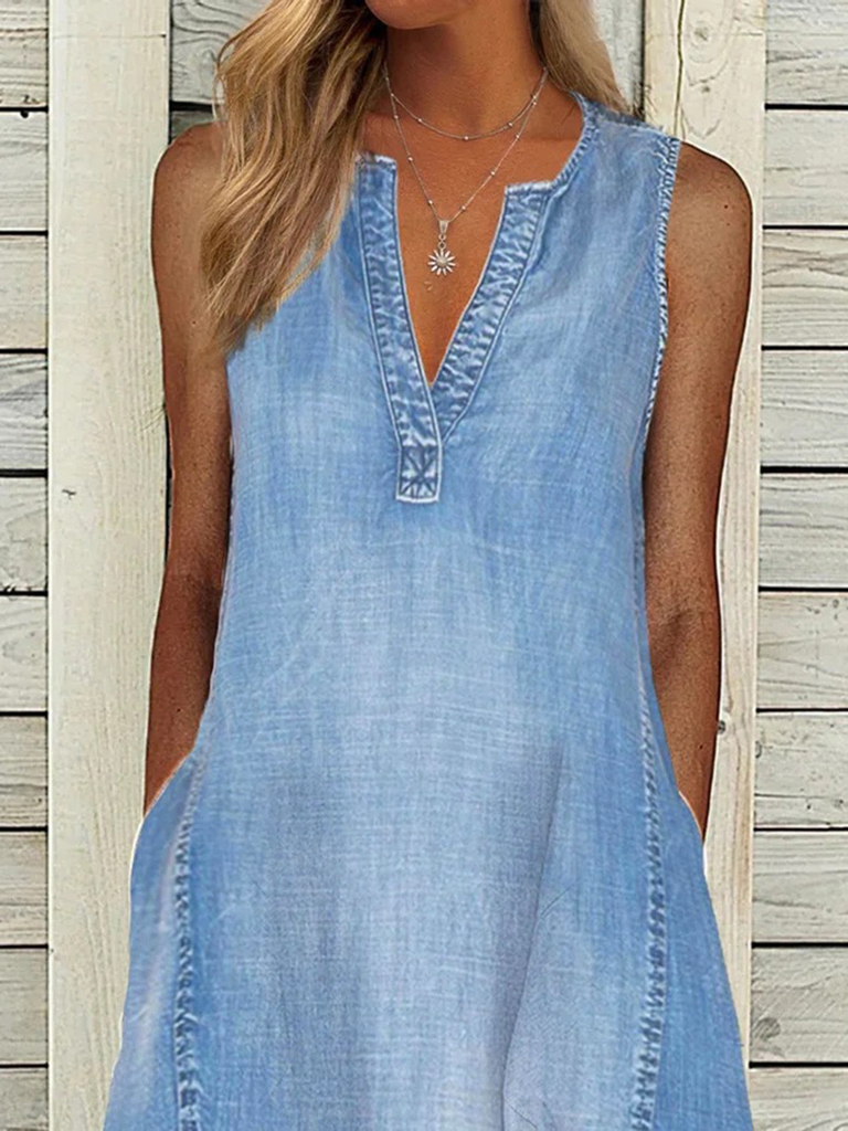 New solid color sleeveless V-neck loose casual denim dress