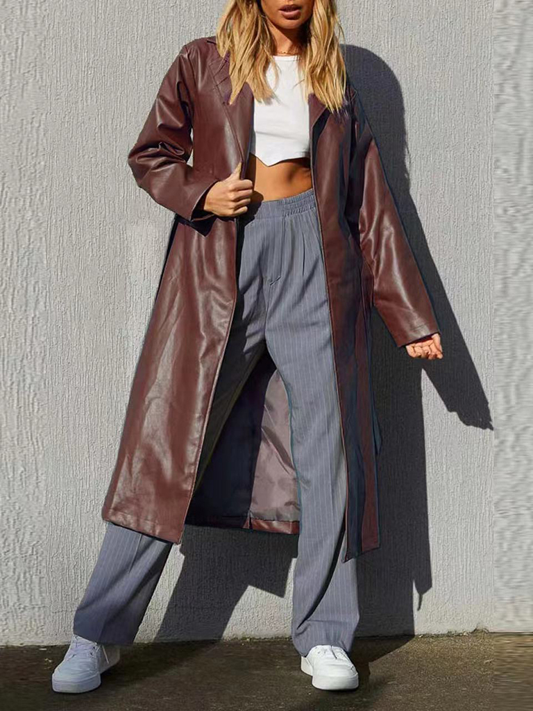 Women's Temperament Casual Windbreaker Jacket Solid Color Long Leather Jacket
