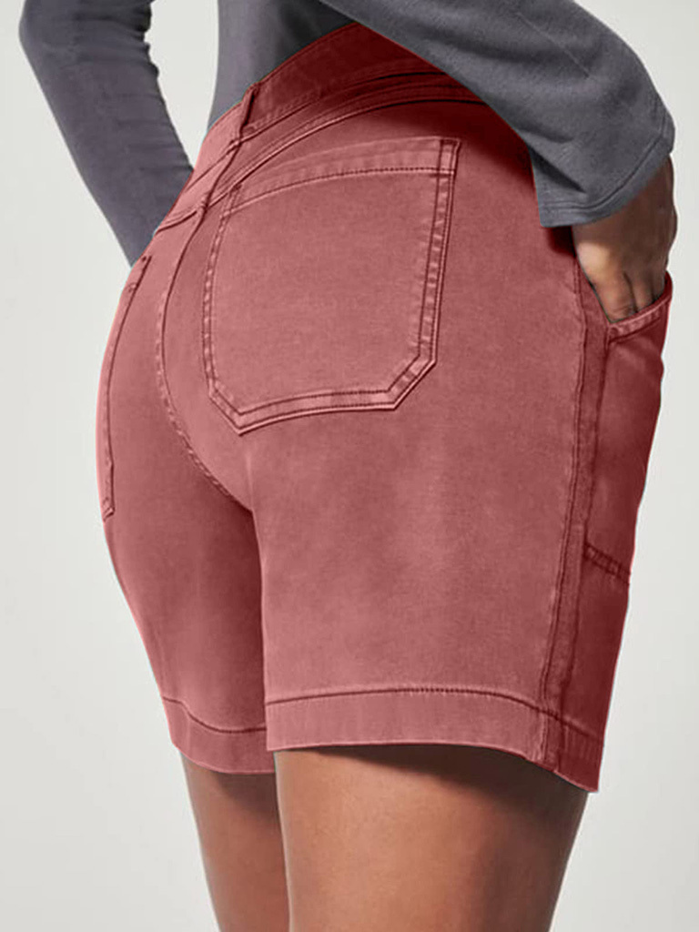 New fashion all-match women's high elastic twill large pocket solid color casual shorts