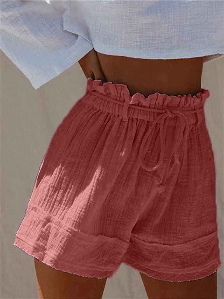 Solid Loose Pleated Elastic Waist High Waist Cotton Linen Shorts Hot Pants