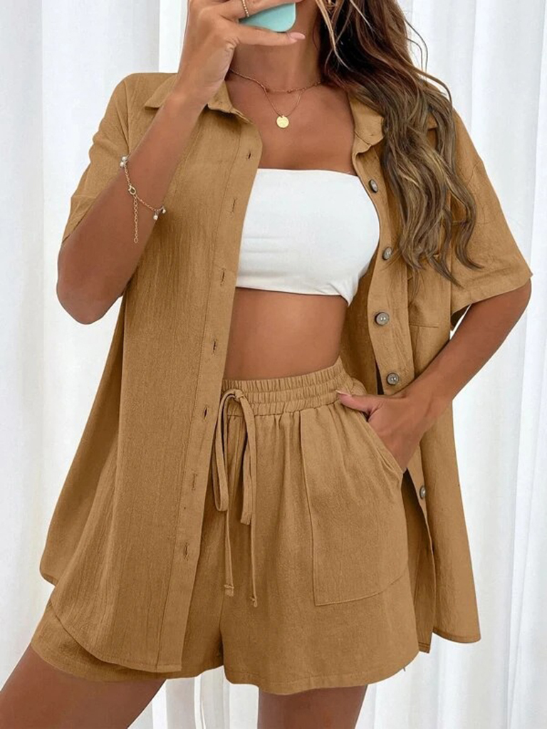 Loose-fit short-sleeve single-breasted shorts Two-piece solid-color shirt set