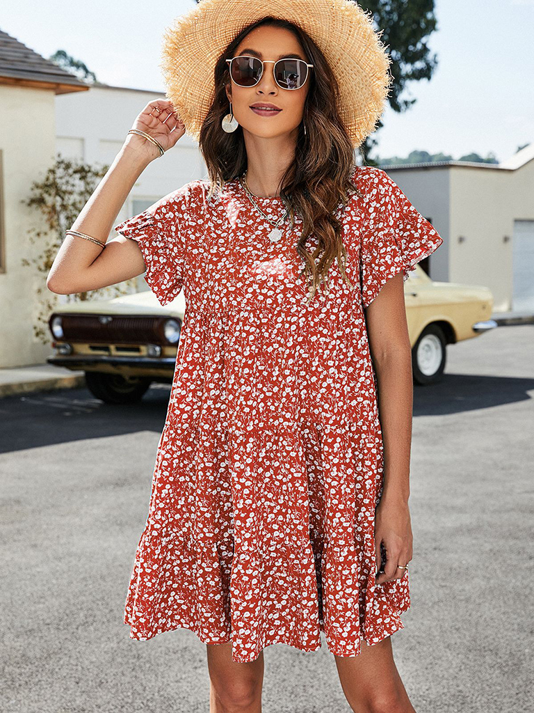 Women's Woven Printed Round Neck Ruffle Sleeve Loose Dress
