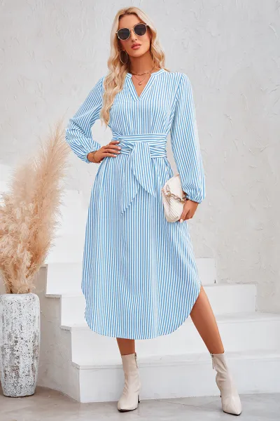 Casual V-neck striped tie waist shirt dress