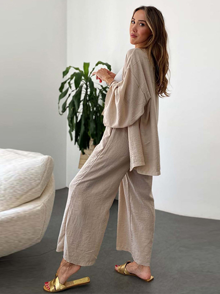 New cotton and linen suit cardigan long-sleeved top pocket wide-leg trousers two-piece set