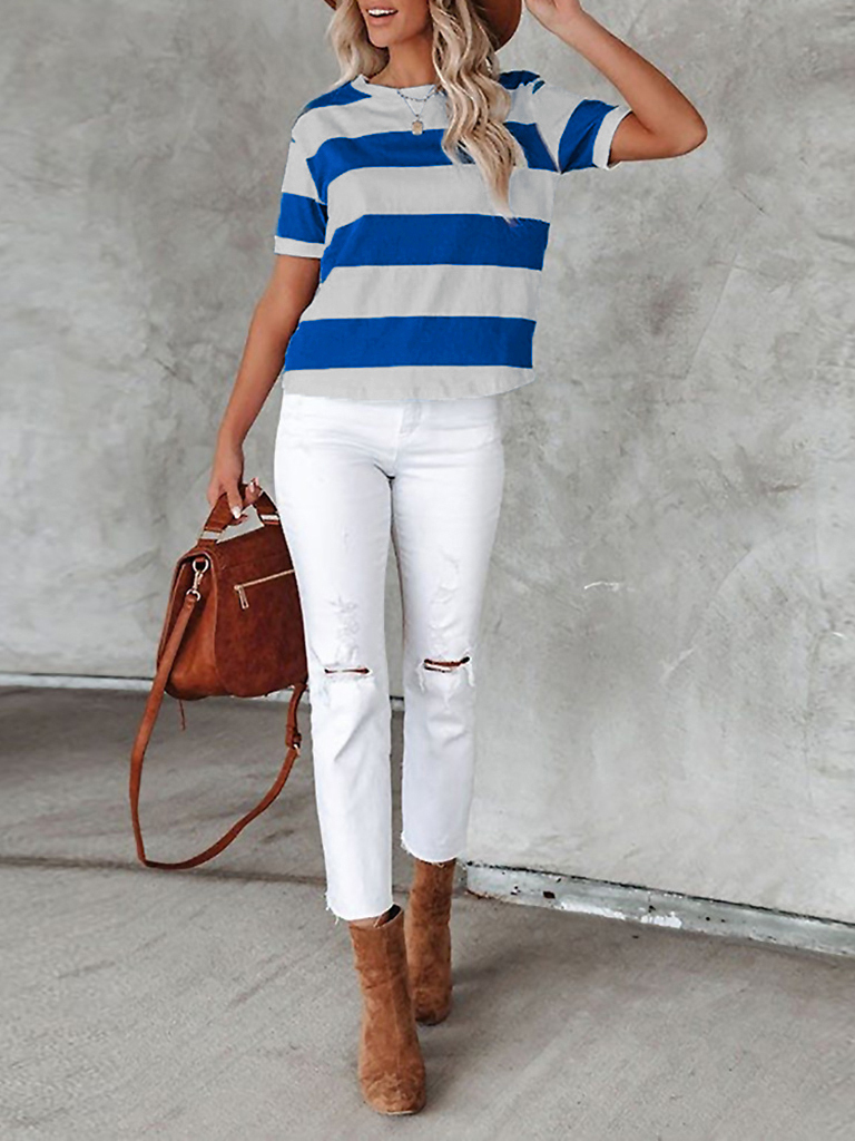 Fashionable blue and white stripe print round neck short-sleeved casual T-shirt