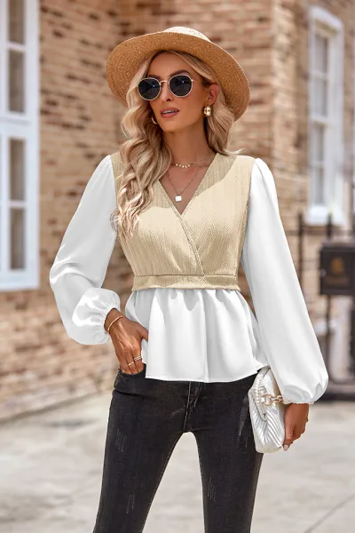 New women's casual solid color V-neck stitching long-sleeved top