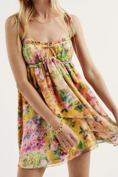 Lace-up French niche color-block floral sling dress with wooden ears