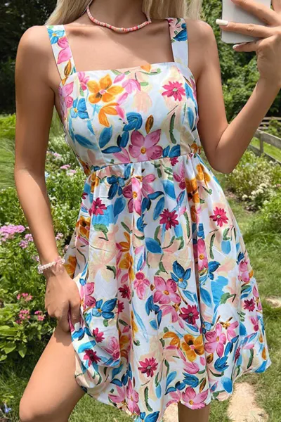 New printed French style suspender skirt design sense floral dress