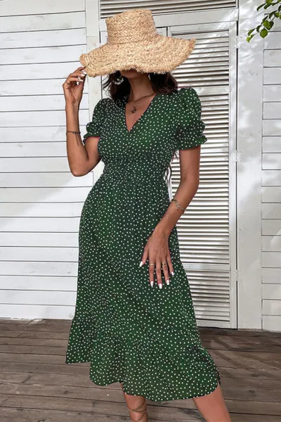 New women's casual holiday polka dot v-neck mid-length dress