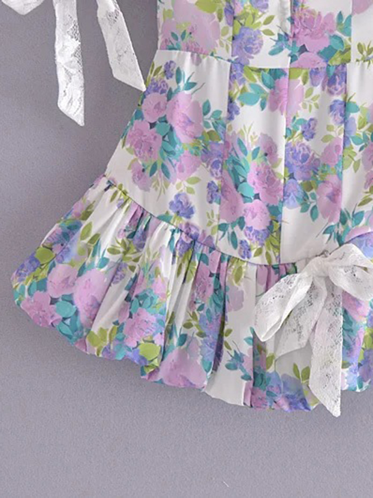 Asymmetric Puff Sleeve Dress Lace Lace Ruffle Skirt