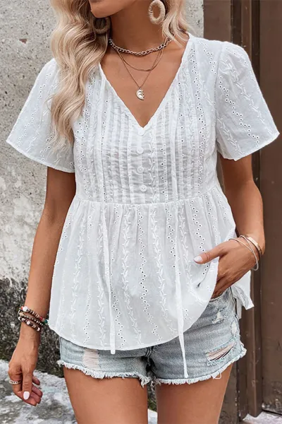 New fashion women's casual v-neck white blouse