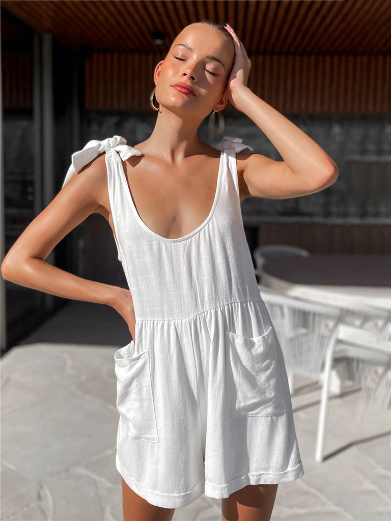 Sleeveless Bow Knot Pocket Casual Jumpsuit