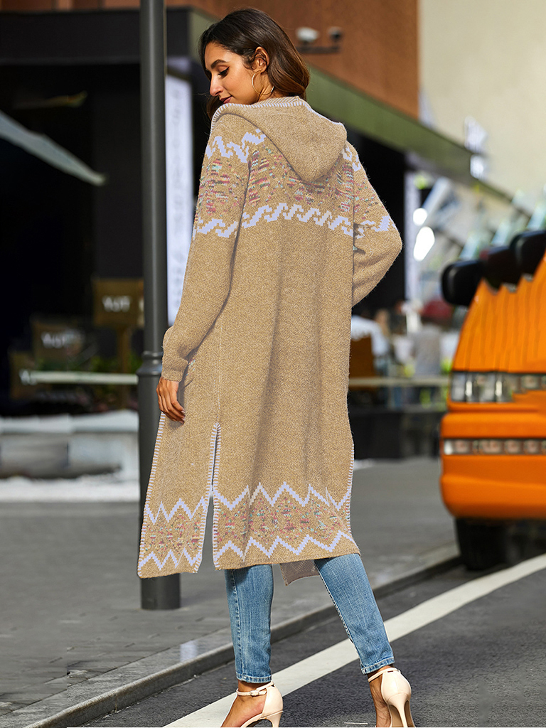 Color thread knitted flower hooded sweater long coat knitted cardigan