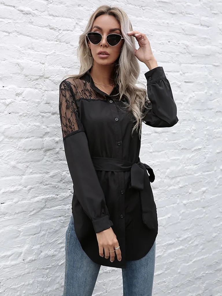 Long round neck, long sleeves and waisted black patchwork lace shirt