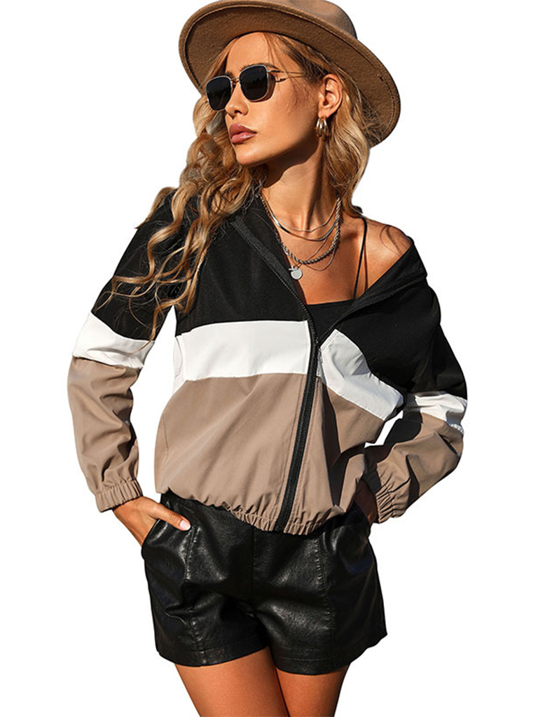 New women's long-sleeved hooded short color block windbreaker