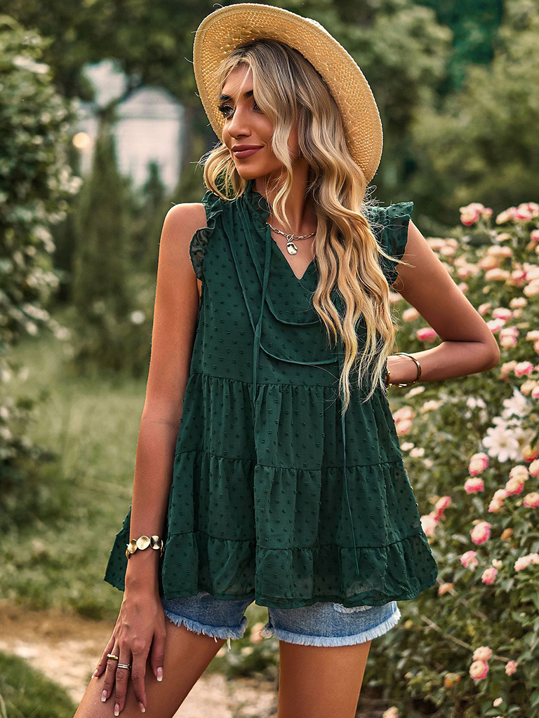 V-neck loose top with flying sleeves casual vacation blouse