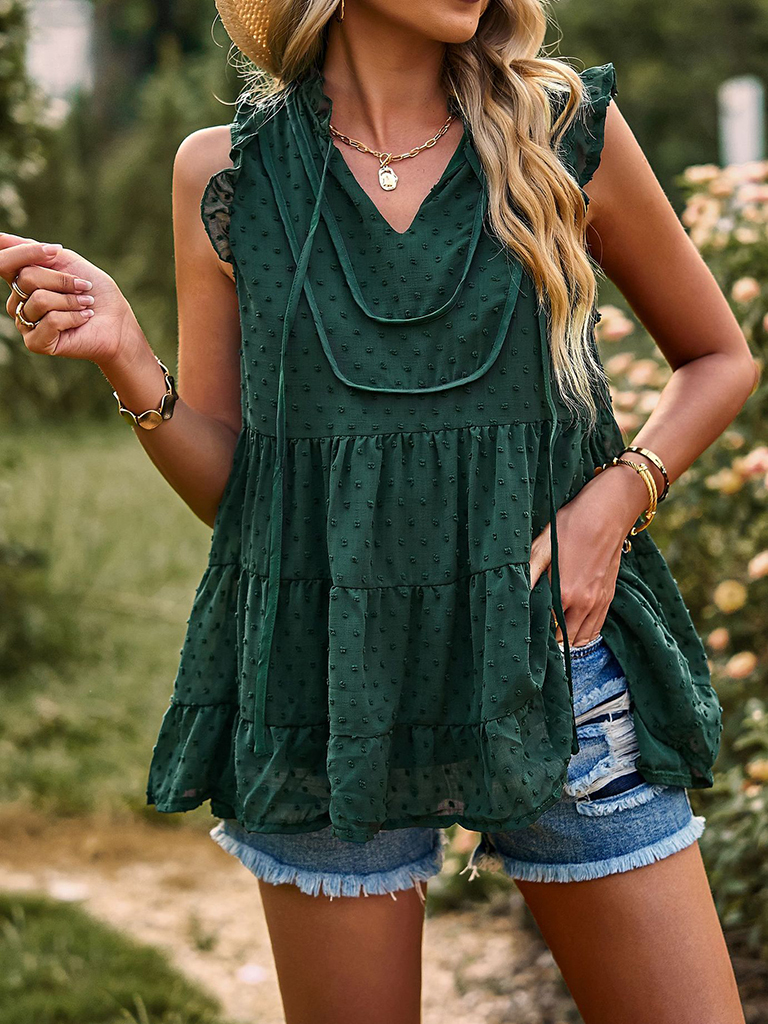 V-neck loose top with flying sleeves casual vacation blouse