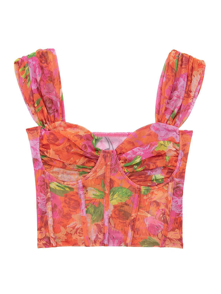 Floral-print mesh bustier camisole top
