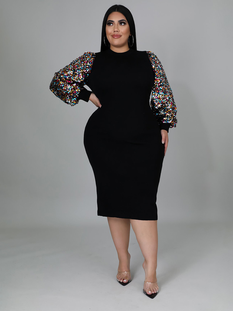 New Plus Size Ladies Sexy Solid Color Sequin Puff Sleeve Dress