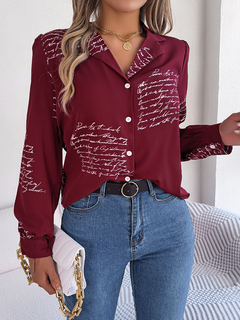 New women's casual all-match letter suit collar long-sleeved shirt