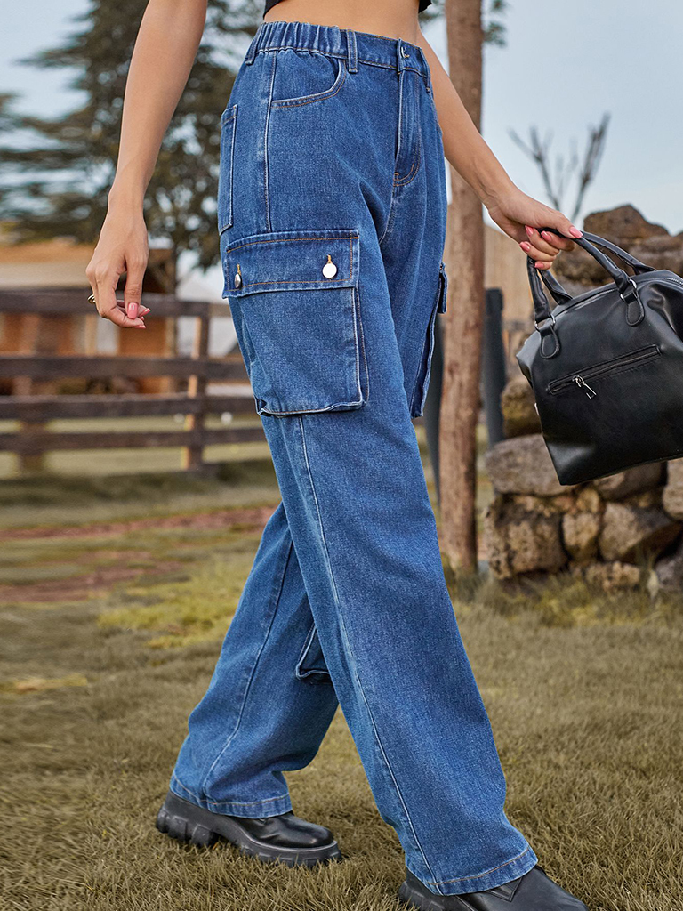New style denim washed multi-pocket overalls trousers casual trousers