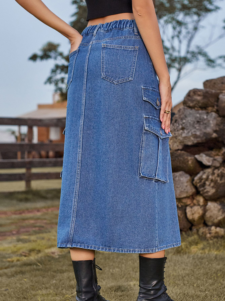 New American Spice Girl Elastic Waist Denim Workwear Casual Mid Length Skirt Skirt
