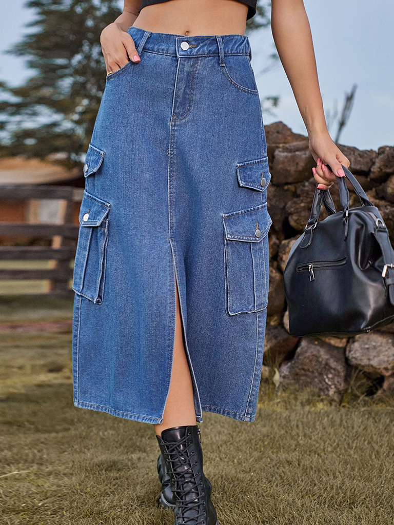 New American Spice Girl Elastic Waist Denim Workwear Casual Mid Length Skirt Skirt