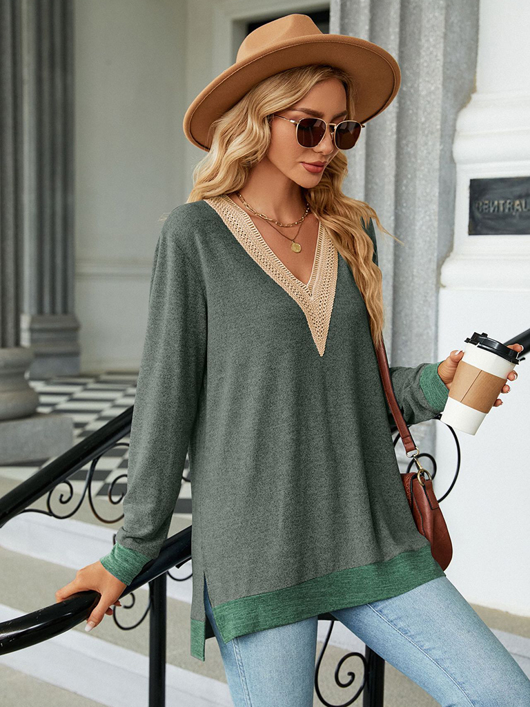 New style lace V-neck contrast color slit loose long-sleeved T-shirt top