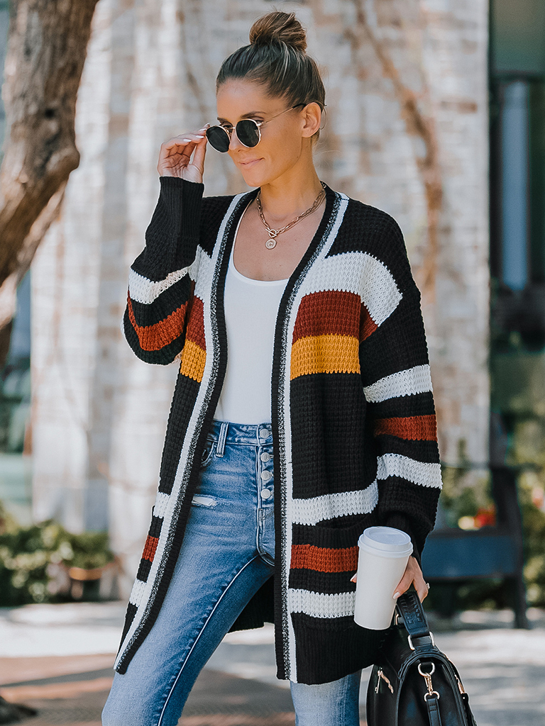 Women's new multi-color mid-length knitted cardigan jacket