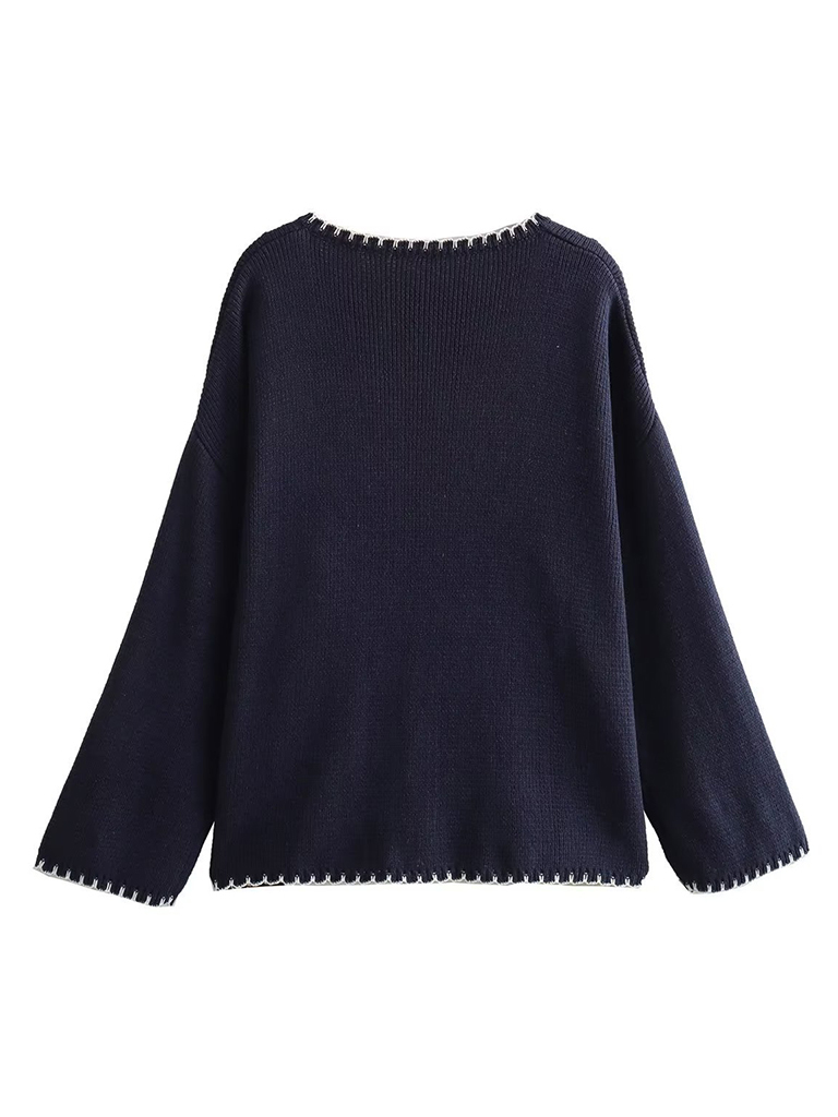 Women's street fashion color stitched embellished sweater