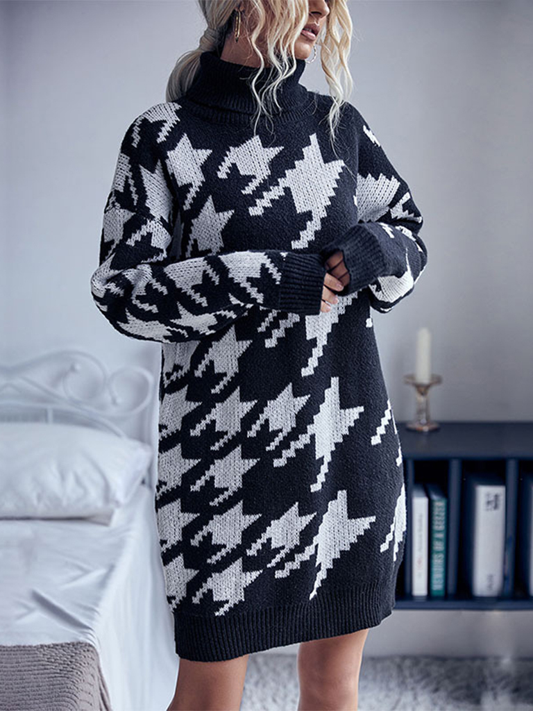 Women's turtleneck loose long sleeve houndstooth sweater dress