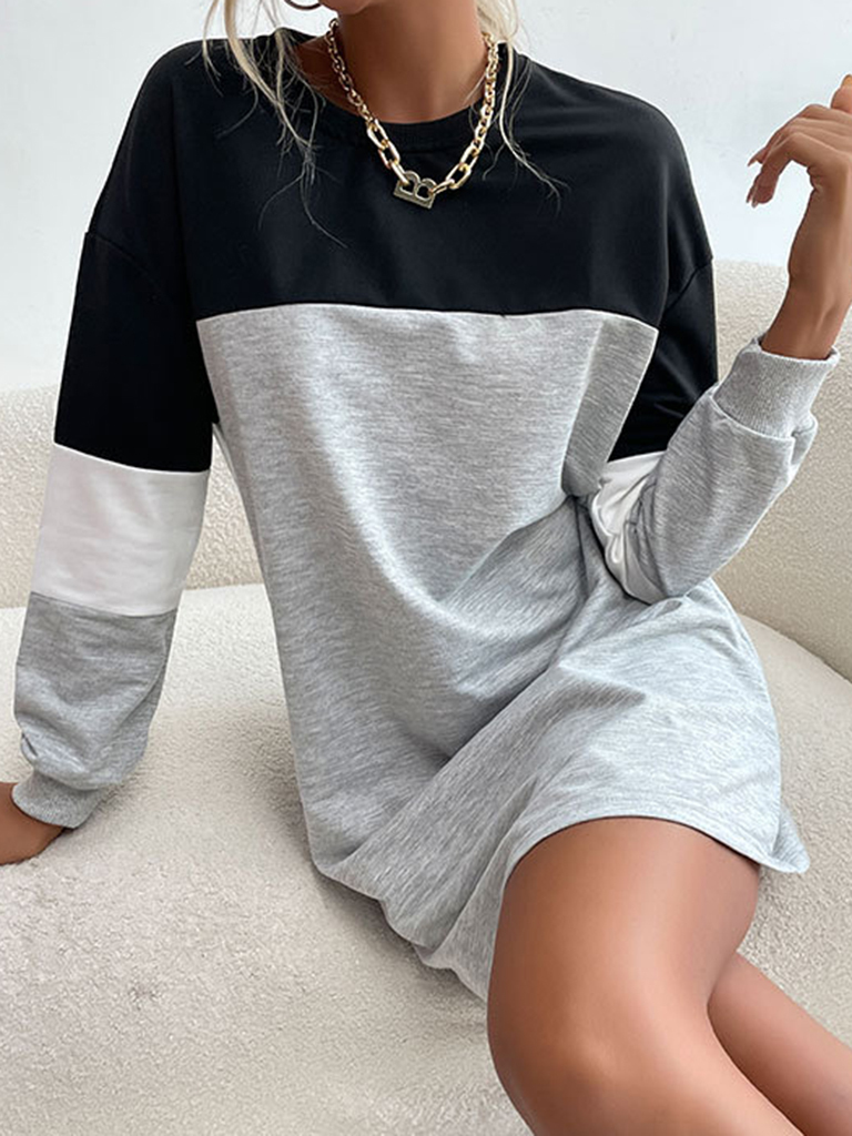 Fashion women's long sleeve color block sweatshirt dress