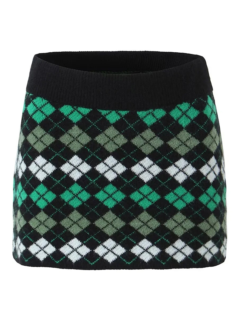 Women's Retro Rhombus Knitted V-neck Single-Breasted Sweater + Hip Package Skirt
