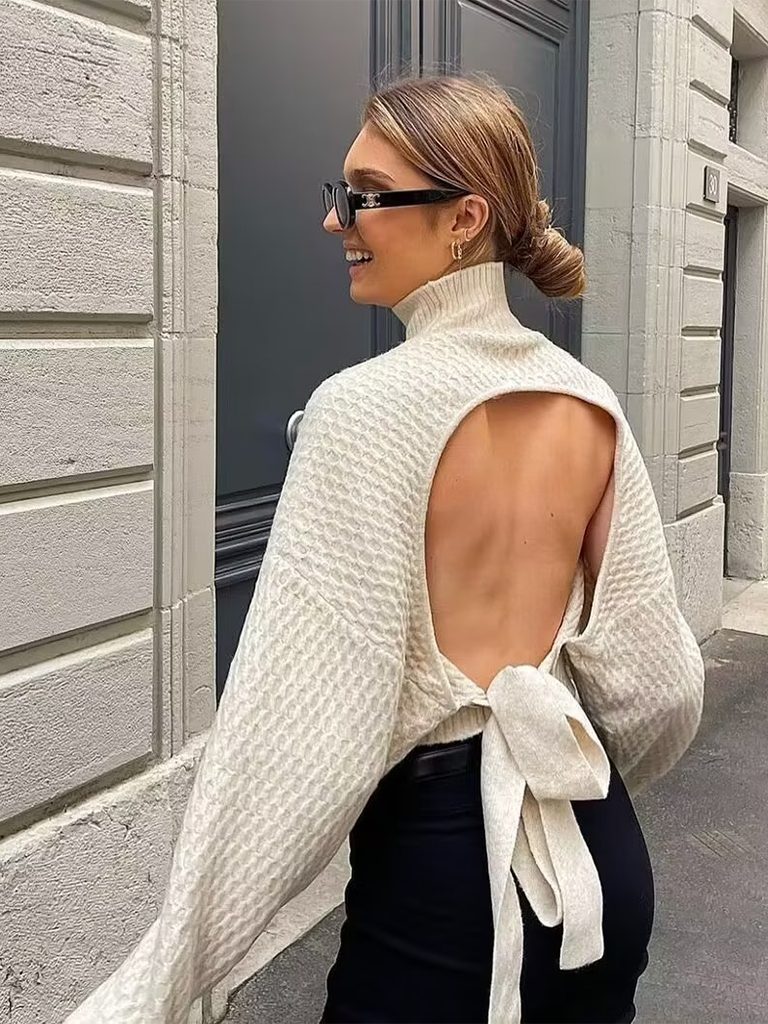Women's hollow back strap knitted sweater