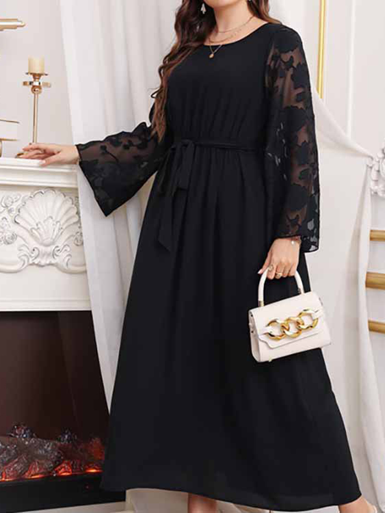 New large size high waist black polka dot patchwork dress