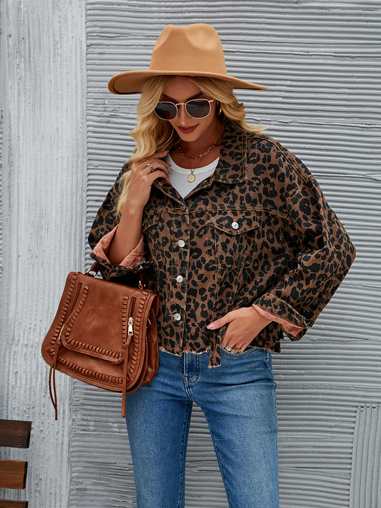 Women's Autumn and Winter New Leopard Print Fashion Casual Denim Short Jacket