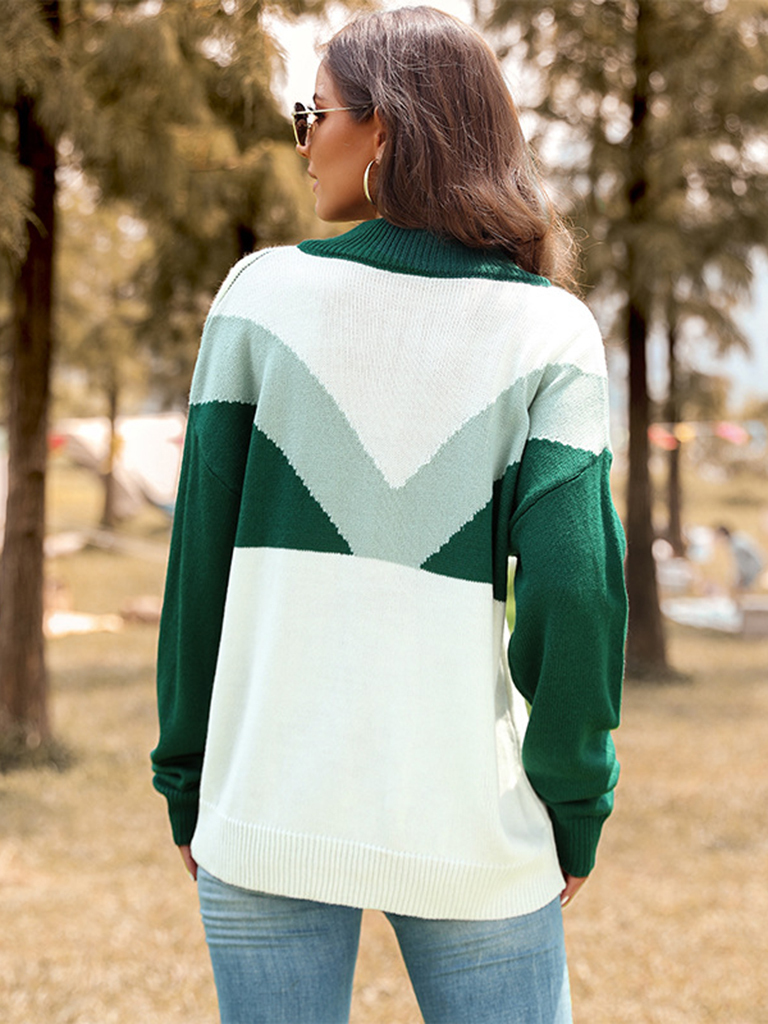 New Color Block Lapel Button Pullover Long Sleeve Sweater