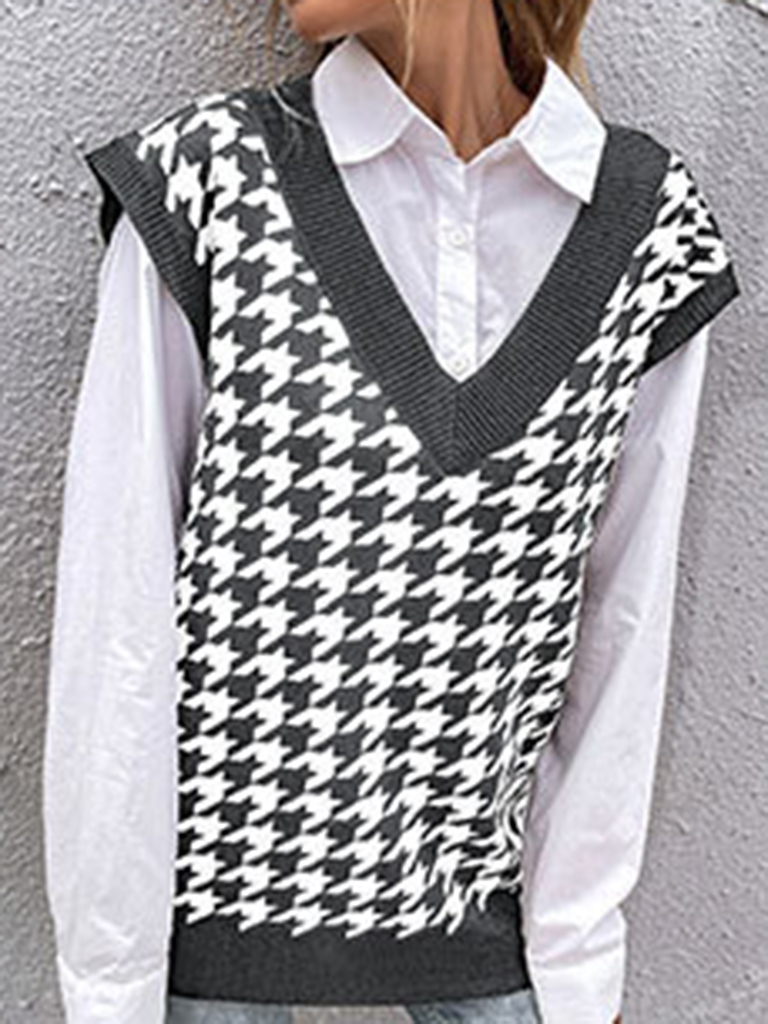 New loose houndstooth v-neck knitted vest
