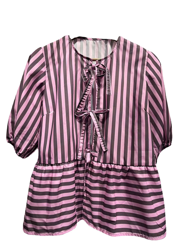 Women's new fashion striped bow tie design puff sleeve shirt