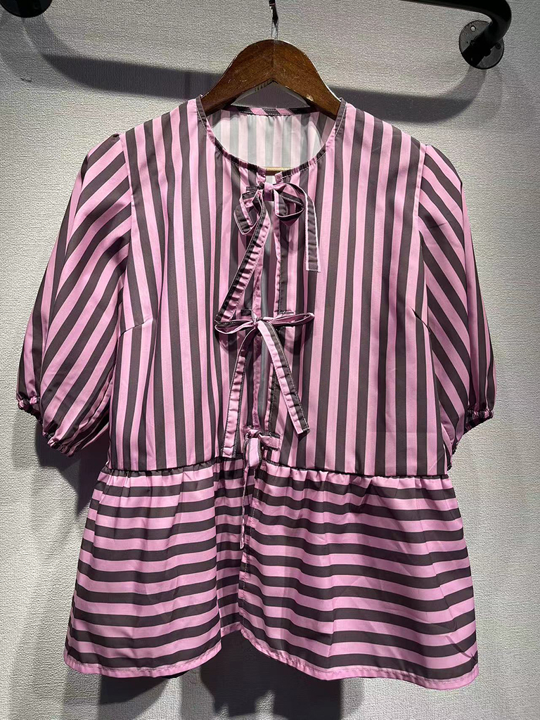 Women's new fashion striped bow tie design puff sleeve shirt