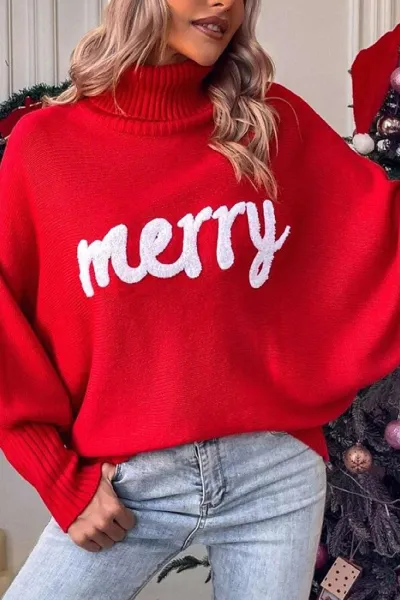 Women's turtleneck loose bat sleeves letter sweater