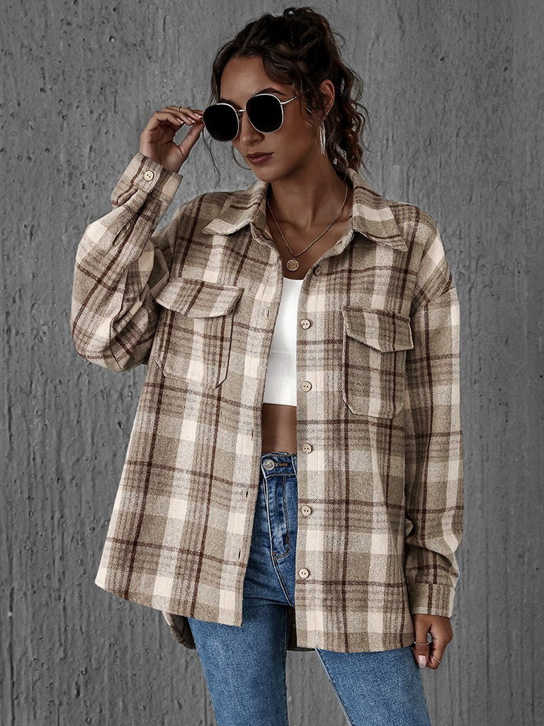 Loose casual single-breasted shirt with lapel plaid pockets