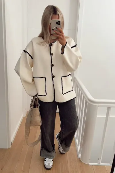 Women's New Fashion Button Round Neck Loose Color Block Knitted Jacket