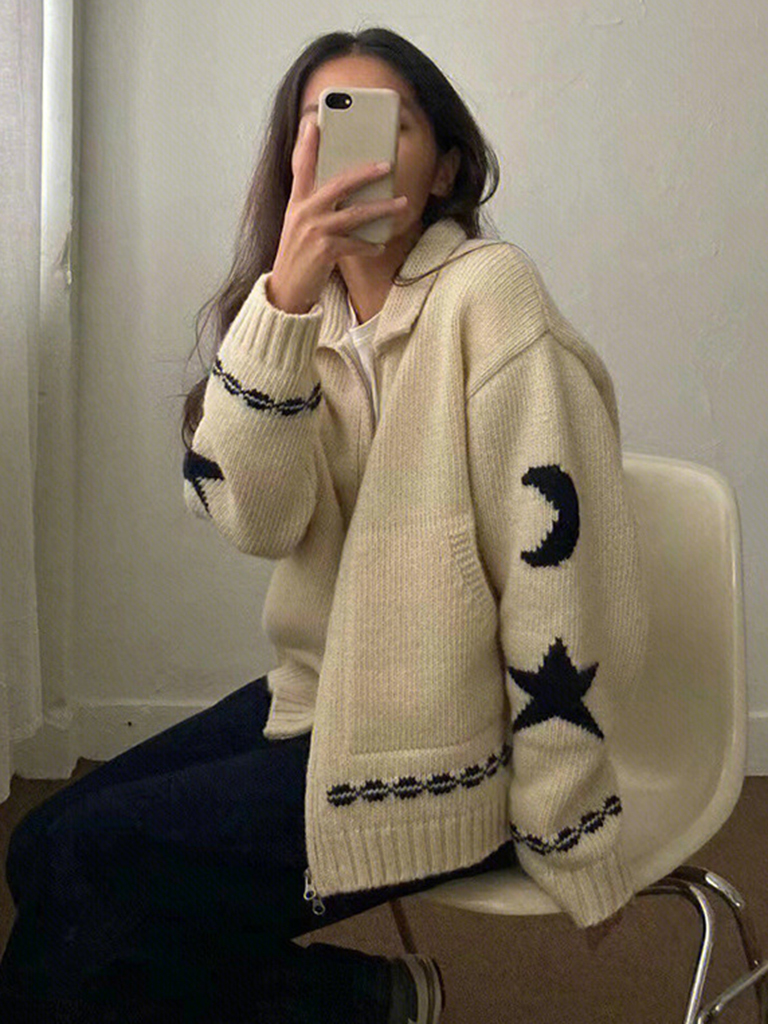 Women's gentle style soft waxy knitted cardigan lazy style star sweater jacket
