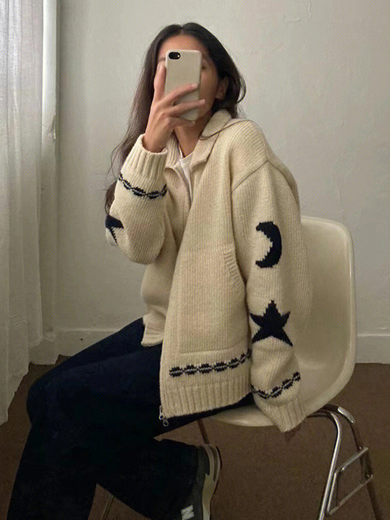 Women's gentle style soft waxy knitted cardigan lazy style star sweater jacket