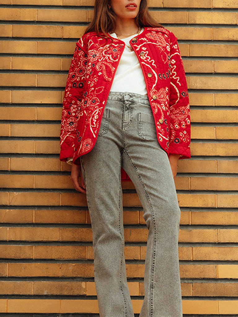 New women's retro patchwork printed cotton coat O-neck long sleeve pocket short coat